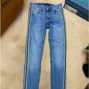 Zara blue slim jeans with red/green/white side stripe size 4 excellent condition